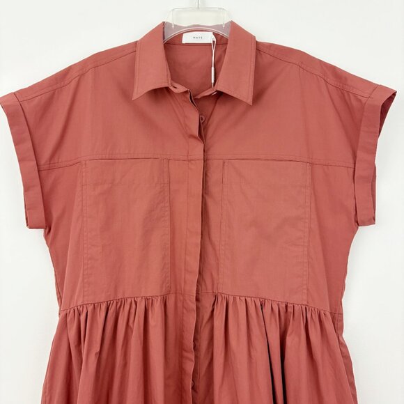 NWT MAYE Harper Shirtdress Size L Cinnamon Midi Cotton Poplin Cap Sleeve Pockets - Picture 4 of 15